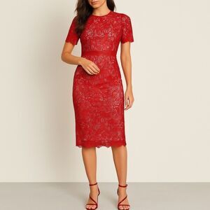 NWT Lulus Red Crochet Lace Amore Fitted Midi Dress Size XS Wedding Guest NEW